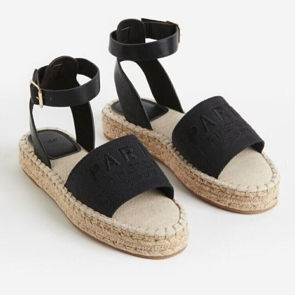 H&M Paris Espadrilles Black Jute Sandals Ankle Strap Women's 38 (7 US) - Picture 1 of 5